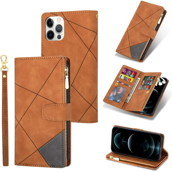 Wallet Case for iPhone 13 Pro 6.1 inch, Vintage Premium PU Leather Cover Flip Case with Card Slots Magnetic Closure Zipper Pocket Kickstand Handbag with Hand Strap - Brown