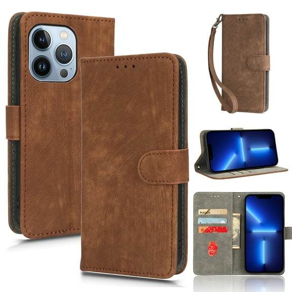 Wallet Case for iPhone 13 Pro,Card Slots[RFID Blocking],Durable Flip Folio Kickstand Magnetic Closure Retro Premium Leather Wallet Wrist Strap Shockproof Case For iPhone 13 Pro, brown