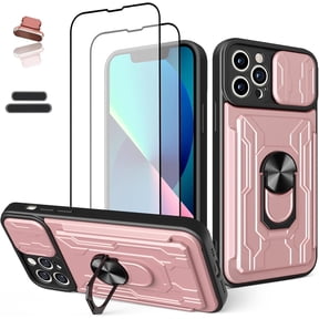 Wallet Case for iPhone 13 Pro, Credit Card Slot Sliding Door Hide Portable Design, Heavy Duty Double Layer Hybrid Cushioned Rubber Bumper Protection Suitable for 6.1 Inches Women-Rose Gold