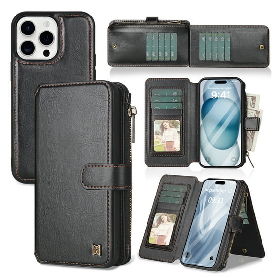 Wallet Case for iPhone 13 Pro, Detachable Magnetic Phone Case, 2-in-1 Card Slots Zipper Pocket All-Round Shockproof Protective PU Leather Purse Case for iPhone 13 Pro, Black