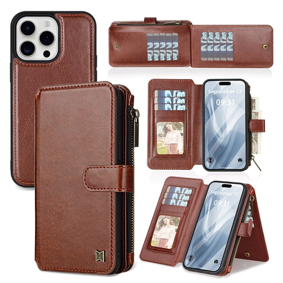 Wallet Case for iPhone 13 Pro, Detachable Magnetic Phone Case, 2-in-1 Card Slots Zipper Pocket All-Round Shockproof Protective PU Leather Purse Case for iPhone 13 Pro, Brown