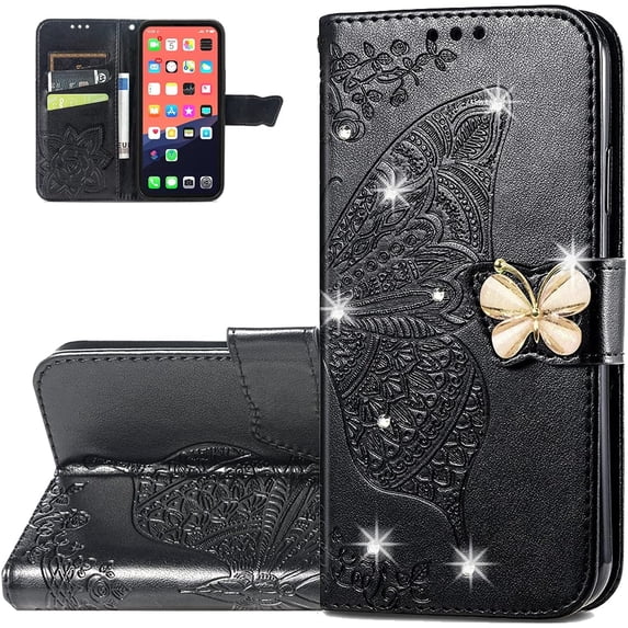 Wallet Case for iPhone 13 Pro Max,3D Butterfly Pattern PU Leather Case with Strong Magnetic Clasp and 3 Card Slots Holder Cover for iPhone 13 Pro Max (6.7) HZD Rhinestone Black