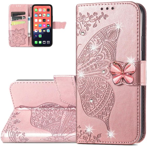 Wallet Case for iPhone 13 Pro Max,3D Butterfly Pattern PU Leather Case with Strong Magnetic Clasp and 3 Card Slots Holder Cover for iPhone 13 Pro Max (6.7) HZD Rhinestone Rose Gold