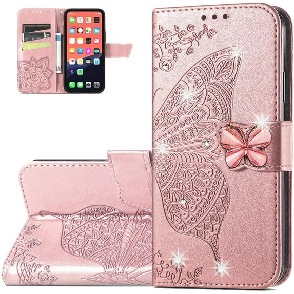 Wallet Case for iPhone 13 Pro Max,3D Butterfly Pattern PU Leather Case with Strong Magnetic Clasp and 3 Card Slots Holder Cover for iPhone 13 Pro Max (6.7) HZD Rhinestone Rose Gold