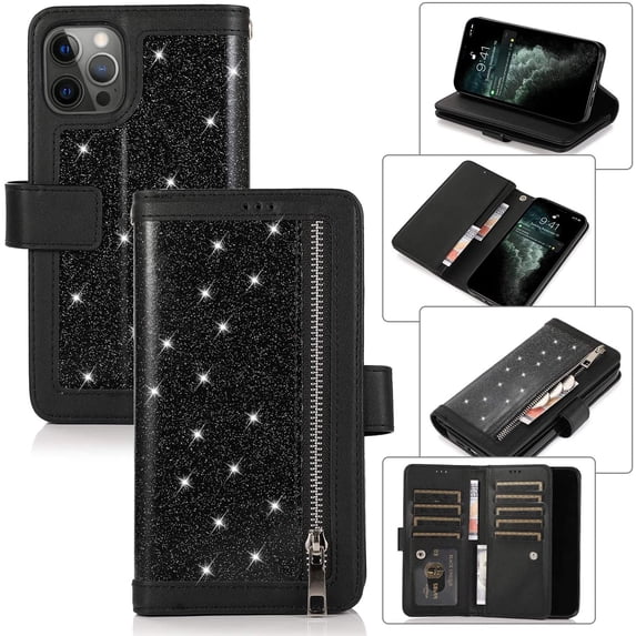 Wallet Case for iPhone 13 Pro Max 6.7 inch, Magnetic Handbag Zipper Pocket PU Leather Flip with 9 Card Slots and Wrist Strap Folio TPU Inner Stand Case - Black