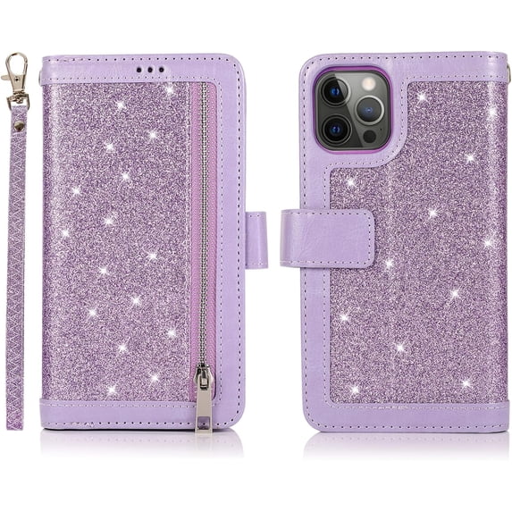 Wallet Case for iPhone 13 Pro Max 6.7 inch, Magnetic Handbag Zipper Pocket PU Leather Flip with 9 Card Slots and Wrist Strap Folio TPU Inner Stand Case - Purple