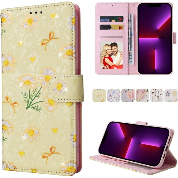 Wallet Case for iPhone 13 Pro Max 6.7 inch, PU Leather Phone Case Kickstand RFID Blocking Flip Case Card Slots Wrist Strap Relief Engraved Pattern Magnetic Closure Folio Case - Yellow Daisy