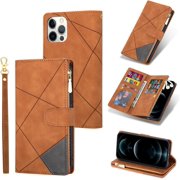 Wallet Case for iPhone 13 Pro Max 6.7 inch, Vintage Premium PU Leather Cover Flip Case with Card Slots Magnetic Closure Zipper Pocket Kickstand Handbag with Hand Strap - Brown