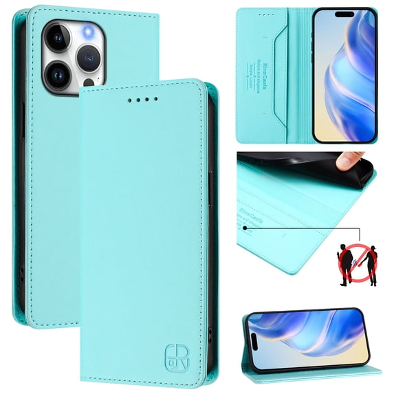 Wallet Case for iPhone 13 Pro Max with Card Holder, Business Premium PU Leather Flip RFID Blocking Wallet Case with Wrist Strap Kickstand Protective Cover for iPhone 13 Pro Max, Mint