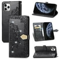 thumbnail image 1 of Wallet Case for iPhone 13 Pro Max, Glitter PU Leather Magnetic Closure Handbag Embossed Case Kickstand Card Holder Slots with Wrist Strap TPU Shockproof Flip Cover RFID Blocking, Black, 1 of 12
