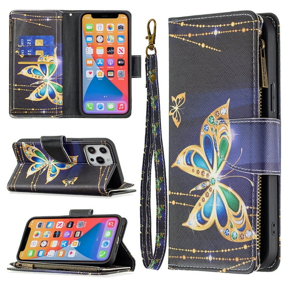 Wallet Case for iPhone 13 Pro Max, PU Leather Flip Folio Magnetic Closure Slim Shell Dual Layer Heavy Duty Protective Bumper Card Holder Wrist Strap for Apple iPhone 13 Pro Max,Jewelry Butterfly