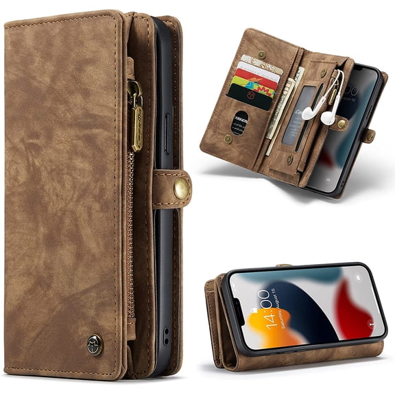 Wallet Case for iPhone 13 Pro Max,Premium Leather Zipper 11 Card Slot Multifunction Wallet Leather with Detachable Magnetic Protective Case for iPhone 13 Pro Max 6.7" 2021 (Coffee)
