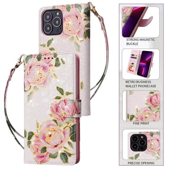 Wallet Case for iPhone 13 Pro Max with RFID Blocking Credit Card Slots Holder, Cute Patterned Gold Brushing Magnetic Flip Kickstand Wrist Strap Cover For iPhone 13 Pro Max, Love Rose