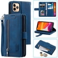 thumbnail image 1 of Wallet Case for iPhone 13 Pro Max, Retro 9 Card Holder Slots Zipper Pocket Handbag Case PU Leather Magnetic Closure Kickstand with Wrist Strap TPU Shockproof Flip Case - Blue, 1 of 16
