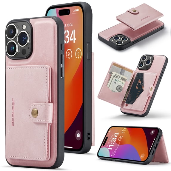 Wallet Case for iPhone 13 Pro Max, Retro PU Leather Shockproof Phone Case Magnetic Snap Back Cover Detachable with Card Holder Pocket Wallet Stand for iPhone 13 Pro Max, Pink