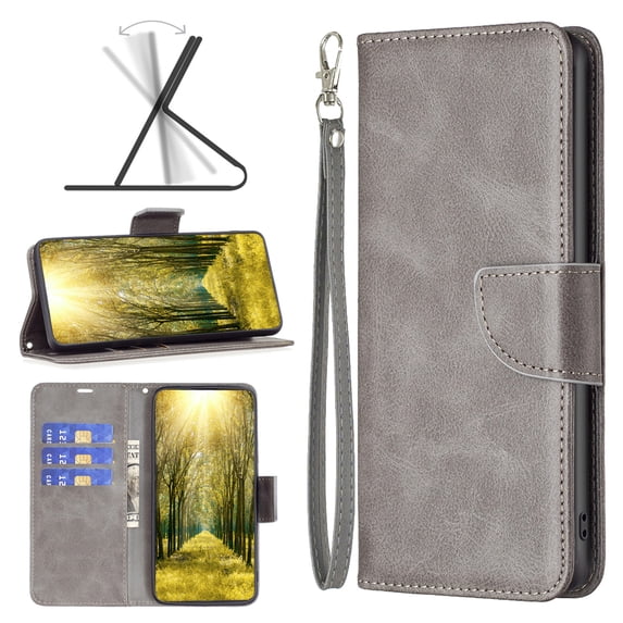 Wallet Case for iPhone 13 Pro Max, Retro Solid Color Premium Leather Credit Card Holder Wallet RFID Blocking Case with Wrist Strap Stand Magnetic Flip Cover For iPhone 13 Pro Max, Gray