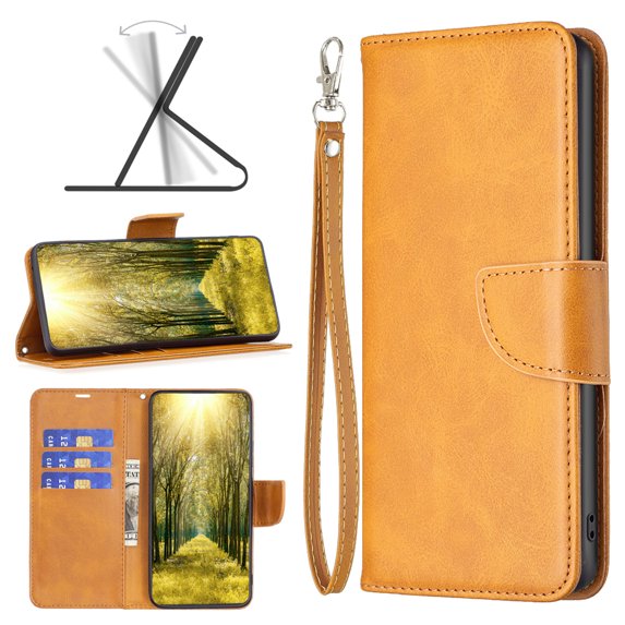 Wallet Case for iPhone 13 Pro Max, Retro Solid Color Premium Leather Credit Card Holder Wallet RFID Blocking Case with Wrist Strap Stand Magnetic Flip Folio Shockproof Cover, Yellow