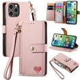 thumbnail image 1 of Wallet Case for iPhone 13 Pro Max Women Men, Durable PU Leather Magnetic Flip Lanyard Strap Wristlet Zipper Card Holder Kickstand Wallet Phone Case Cover Full Body Protection, Pink, 1 of 10