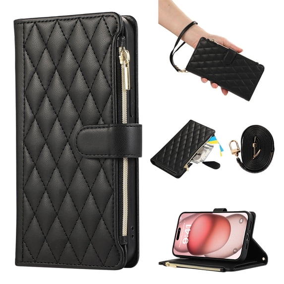 Wallet Case for iPhone 13 Pro Max with Wrist Strap, Crossbody Shoulder Strap, Card Slots Zipper Purse Luxury PU Leather Stand Phone Cover for iPhone 13 Pro Max - Black