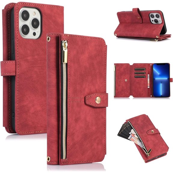 Wallet Case for iPhone 13 Pro Max, iPhone 13 Pro Max(6.7 inches) Wallet Phone Case, Premium Zipper (with Wristlet) Flip Leather Phone Case for iPhone 13 Pro Max(6.7 inches) - Red