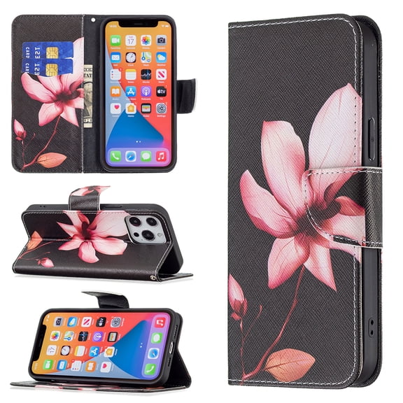 Wallet Case for iPhone 13 Pro, PU Leather Flip Cover Folio Magnetic Closure Slim Shell Dual Layer Heavy Duty Protective Bumper Card Holder Book Case for Apple iPhone 13 Pro,Lotus