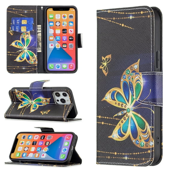Wallet Case for iPhone 13 Pro, PU Leather Flip Cover Folio Magnetic Closure Slim Shell Dual Layer Heavy Duty Protective Bumper Card Holder Book Case for Apple iPhone 13 Pro,Jewelry Butterfly