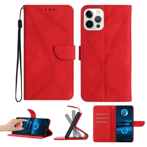 Wallet Case For iPhone 13 Pro, RFID Blocking Magnetic Flip Case with Card Slots Holder Kickstand Wrist Strap, PU Leather Folio Shockproof Protective Cover For iPhone 13 Pro, Red