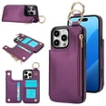 thumbnail image 1 of Wallet Case for iPhone 13 Pro with Shoulder Strap & RFID Blocking Card Slots Holder Kickstand & Finger Ring, Magnetic Flip Folio Zipper Purse Case, PU Leather Cover Handbag, Darkpurple, 1 of 9