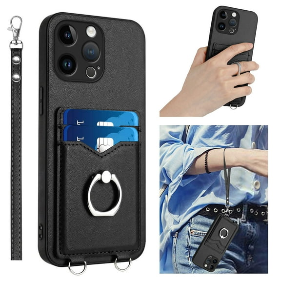 Wallet Case for iPhone 13 Pro, Stylish Ultra Slim PU Leather Card Slots Ring Stand Wrist Strap Shockproof Protective Thin Lightweight Back Case Cover for iPhone 13 Pro, Black