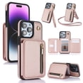 thumbnail image 1 of Wallet Case for iPhone 13 Pro with Wrist and Shoulder Strap, Card Holder Kickstand Feature Flip Zipper PU Leather RFID Blocking Magnetic Buckle Phone Cover for iPhone 13 Pro, Rosegold, 1 of 8