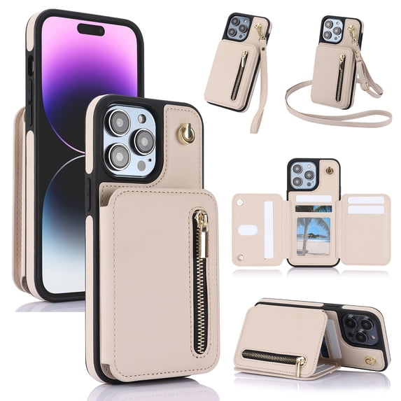 Wallet Case for iPhone 13 Pro with Wrist and Shoulder Strap, Card Holder Kickstand Feature Flip Zipper PU Leather RFID Blocking Magnetic Buckle Phone Cover for iPhone 13 Pro, Apricot