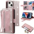 thumbnail image 1 of Wallet Case for iPhone 13, Retro 9 Card Holder Slots Zipper Pocket Handbag Case PU Leather Magnetic Closure Kickstand with Wrist Strap TPU Shockproof Flip Case - Rose Gold, 1 of 16