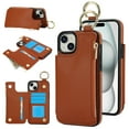 thumbnail image 1 of Wallet Case for iPhone 13 with Shoulder Strap & RFID Blocking Card Slots Holder Kickstand & Finger Ring, Magnetic Flip Folio Zipper Purse Case, PU Leather Cover Handbag, Brown, 1 of 7