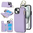 thumbnail image 1 of Wallet Case for iPhone 13 with Shoulder Strap & RFID Blocking Card Slots Holder Kickstand & Finger Ring, Magnetic Flip Folio Zipper Purse Case, PU Leather Cover Handbag, Violet, 1 of 8