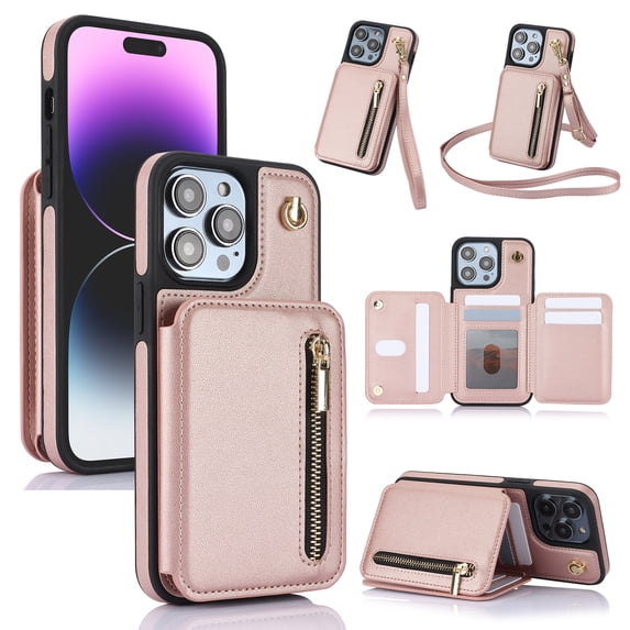 Wallet Case for iPhone 13 with Wrist and Shoulder Strap, Card Holder Kickstand Feature Flip Zipper PU Leather RFID Blocking Magnetic Buckle Phone Cover for iPhone 13, Rosegold