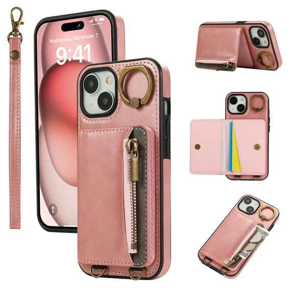 Wallet Case for iPhone 13, with Wrist Strap 360 Rotating Finger Ring Flip Zipper PU Leather Stand Card Slots Shockproof Drop Protective Phone Cover Girls Women Magnetic Buckle, Pink