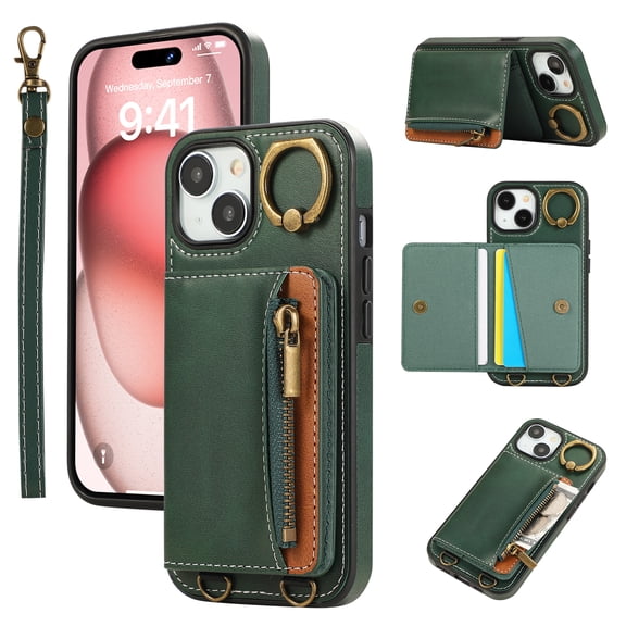 Wallet Case for iPhone 13, with Wrist Strap 360 Rotating Finger Ring Flip Zipper PU Leather Stand Card Slots Shockproof Drop Protective Phone Cover Girls Women Magnetic Buckle, Green
