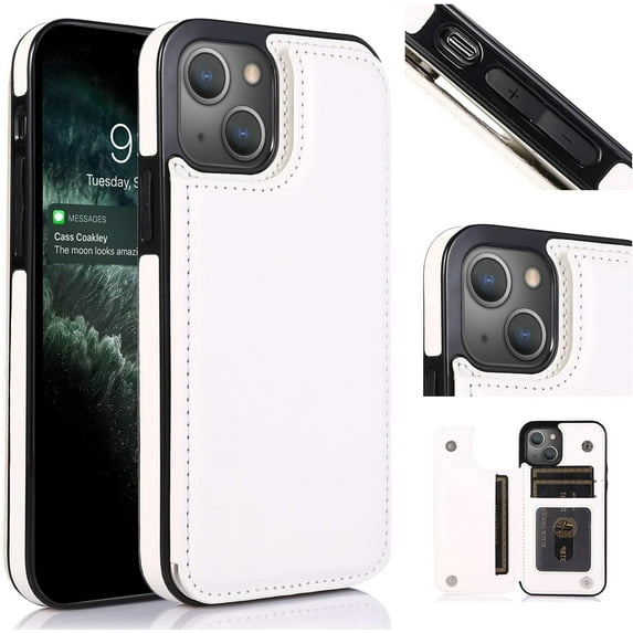 Wallet Case for iPhone 13/iPhone 14 6.1 inch, Slim PU Leather Case with Card Slots Kickstand Magnetic Clasp Durable Shockproof Flip Folio Cover - White