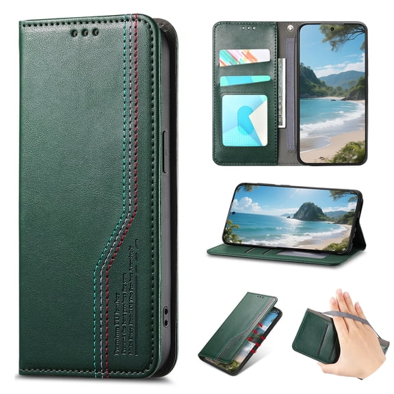 Wallet Case for iPhone 14/ 13, PU Leather Flip Cover with Elastic Wristband, Kickstand Shockproof Card & Cash Slots, Magnetic Closure Drop Protective Rugged Phone Cover, Green