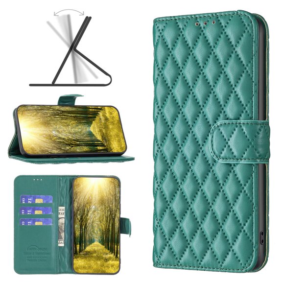 Wallet Case for iPhone 14 2022, Soft PU Leather Design Lines Diamond Pattern, Full Protection [Flip Cover & Magnetic Clasp & Kickstand] Fashion Case for Girls & Women, Green
