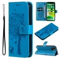 thumbnail image 1 of Wallet Case for iPhone 14 6.1" 2022, Allytech Embossed Tree&Cat PU Leather and TPU Bumper Anti-Shock Drop Proof Hand Strap Case for iPhone 14 5G, Blue, 1 of 8
