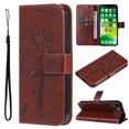 thumbnail image 1 of Wallet Case for iPhone 14 6.1" 2022, Allytech Embossed Tree&Cat PU Leather and TPU Bumper Anti-Shock Drop Proof Hand Strap Case for iPhone 14 5G, Coffee, 1 of 8
