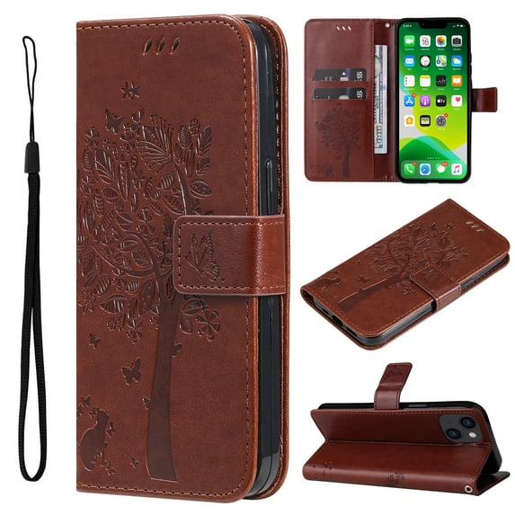 Wallet Case for iPhone 14 6.1" 2022, Allytech Embossed Tree&Cat PU Leather and TPU Bumper Anti-Shock Drop Proof Hand Strap Case for iPhone 14 5G, Coffee
