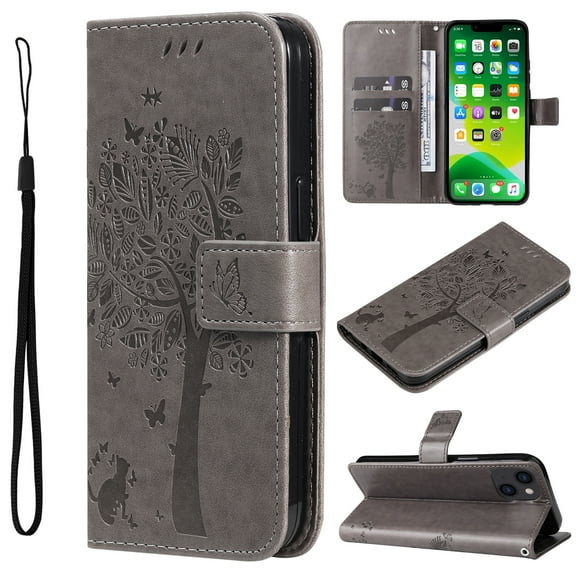 Wallet Case for iPhone 14 6.1" 2022, Allytech Embossed Tree&Cat PU Leather and TPU Bumper Anti-Shock Drop Proof Hand Strap Case for iPhone 14 5G, Gray