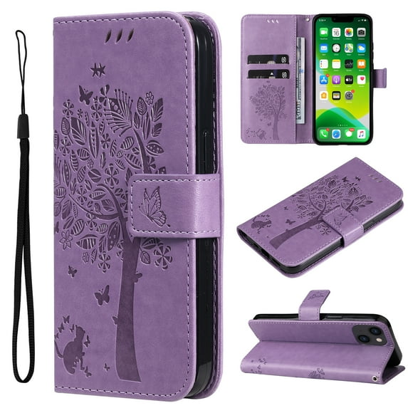 Wallet Case for iPhone 14 6.1" 2022, Allytech Embossed Tree&Cat PU Leather and TPU Bumper Anti-Shock Drop Proof Hand Strap Case for iPhone 14 5G, Lightpurple