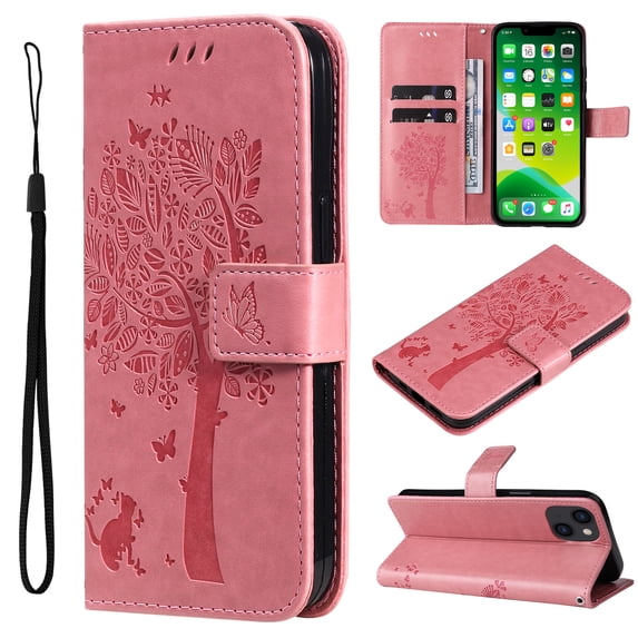 Wallet Case for iPhone 14 6.1" 2022, Allytech Embossed Tree&Cat PU Leather and TPU Bumper Anti-Shock Drop Proof Hand Strap Case for iPhone 14 5G, Pink