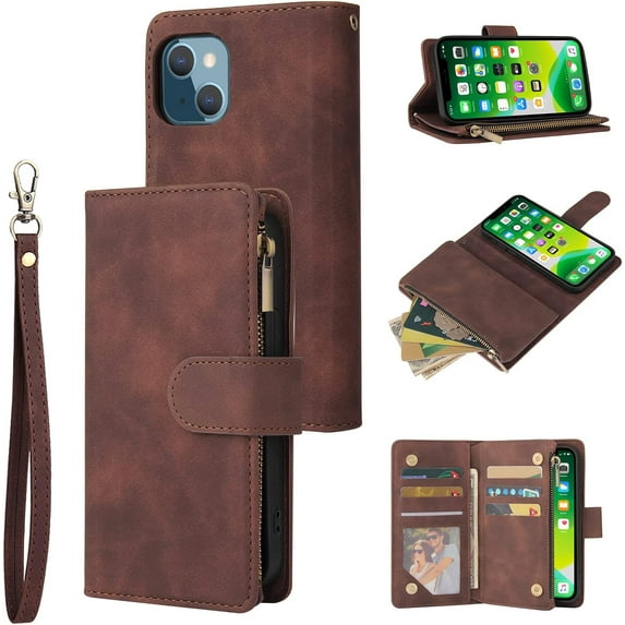 Wallet Case for iPhone 14 6.1 inch, Premium Vintage PU Leather Magnetic Closure Handbag Zipper Pocket Case Kickstand Card Slots with Wrist Strap Shockproof Flip Case - Coffee