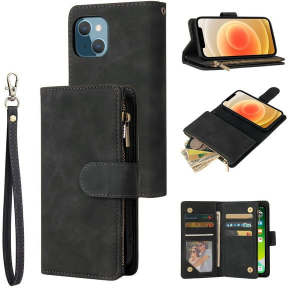 Wallet Case for iPhone 14 (6.1 inch) with RFID Blocking Credit Card Holder, Premium PU Leather Zipper Pocket Flip Folio Case Wallet with Wrist Strap Kickstand Protective Case (Black)