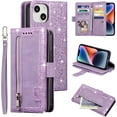 thumbnail image 1 of Wallet Case for iPhone 14 6.1 inch, Retro 9 Card Holder Slots Zipper Pocket Handbag Case Magnetic Closure Kickstand with Wrist Strap TPU Shockproof Flip Case - Glitter Purple, 1 of 15