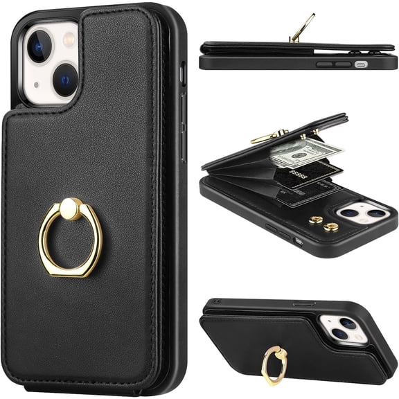 Wallet Case for iPhone 14 with Card Holder 360Rotation Ring Stand Kickstand Women Girls PU Leather Double Buttons Flip Cover RFID Blocking Protective Case for iPhone 14 6.1 inch Violet